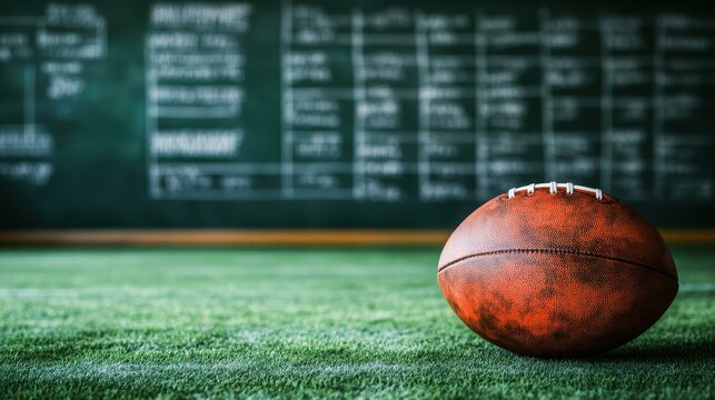 A rugby ball rests on a clean desk, next to a chalkboard filled with a football strategy, perfect for sports training.