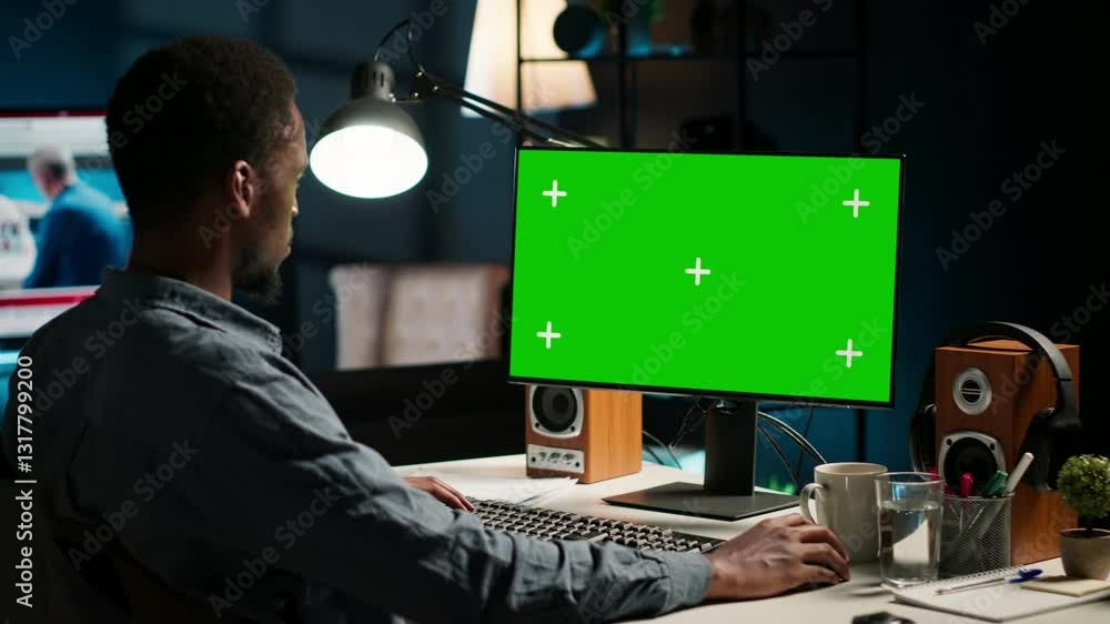 Aufkleber trading engineer looks at e commerce diagrams and isolated copy space display, working from home to 