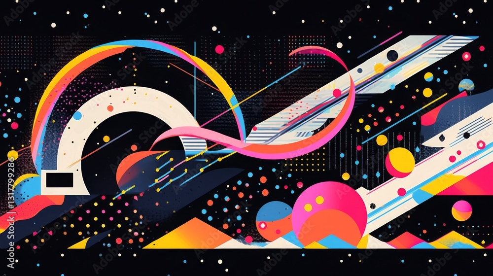 Poster black background with vibrant colorful brush strokes, curved lines, simple shapes, and playful patte