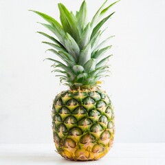 Fototapeta premium Single Ripe Pineapple with Fresh Green Leaves Isolated on White Background