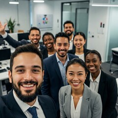 Fototapeta premium Professional Business Team Taking a Selfie at Work – Happy Colleagues in an Office Setting