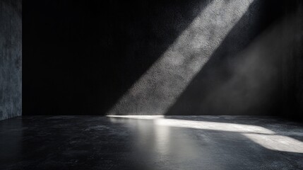 Dark Room Interior Design with Sunlight Rays Illuminating Concrete Floor and Wall