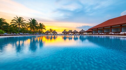 Fototapeta premium Tropical Resort Sunset Pool Scene - Tropical Escapes
