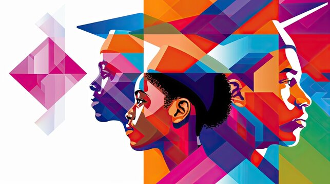 The artwork portrays a graduation event through abstract forms, with exaggerated shapes and vivid hues capturing the essence of festivity and achievement