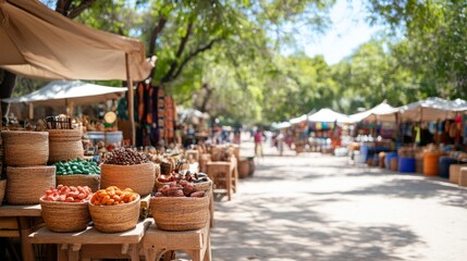 Fototapeta premium Vibrant market stalls under trees