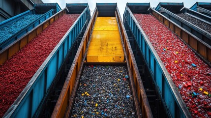 Vibrant piles of sorted plastic waste in a recycling facility showcasing environmental efforts
