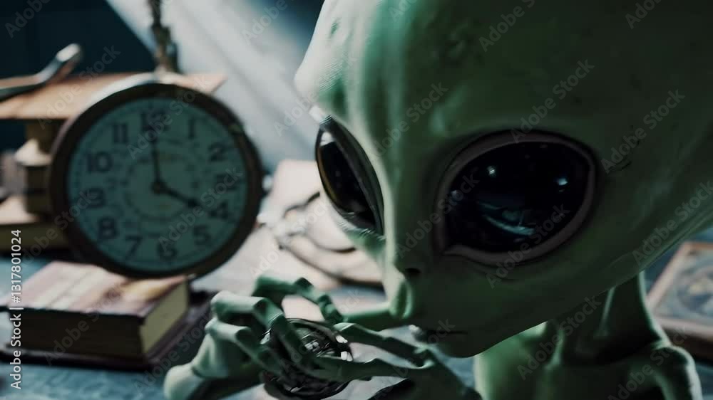 Poster alien examines clock in dimly lit room while surrounded by antique objects