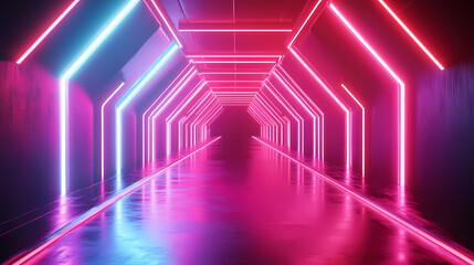 Soft, pulsating neon light illuminates a void in the darkness, futuristic decor, radiant glow. Pulsating Beams. Illustration
