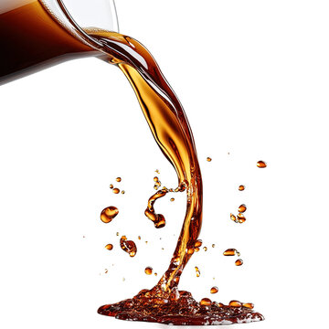 Glass of coffee is poured into a cup, creating a splash of liquid on transparent background