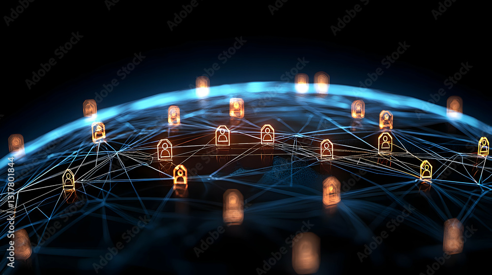 Poster global network security depicted by padlocks on a dark blue and orange illuminated globe with interc