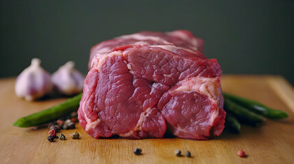 Close Up Of Raw Meat With Garlic Green Beans And Spices On Wooden Board Against Dark Green Background