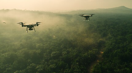Fototapeta premium Drones Flying Over Dense Forest Canopy During Misty Morning Air