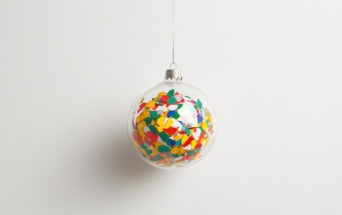 Colorful Confetti Filled Transparent Glass Ornament Hanging Against White Background