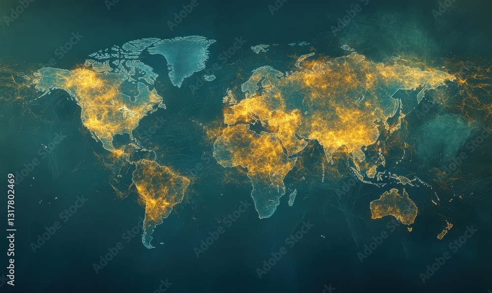Poster visualizing carbon border adjustment mechanism impact with global trade map displaying emission hots