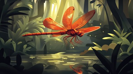 Vibrant red dragonfly hovering above a serene forest pond, illuminated by soft sunlight