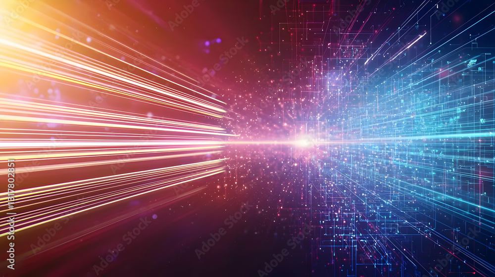 Aufkleber abstract digital data flow visualization with blue and red lights on a black background