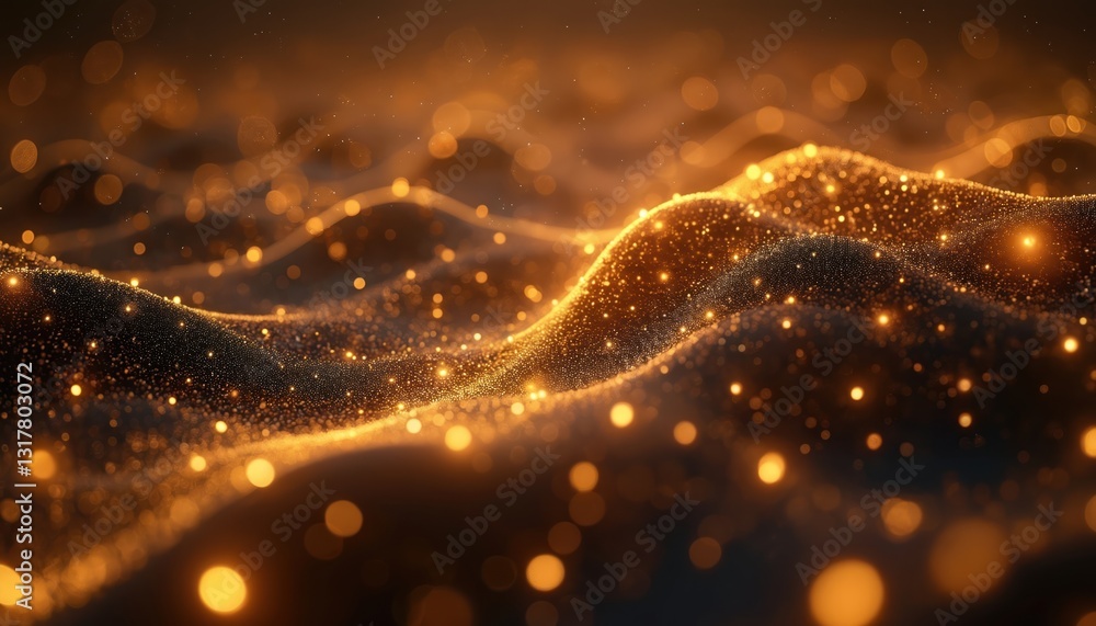 Poster golden light web illuminates dark surface. interconnected lines form digital network, modern tech co