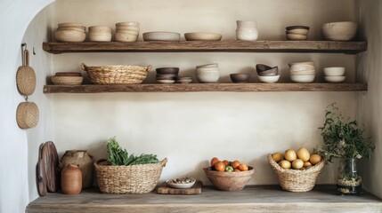 A rustic wooden shelf displays an array of kitchen items, including bowls, baskets, and decorative elements.