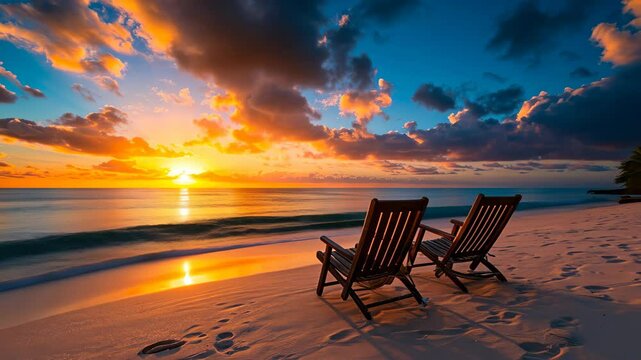 Two empty chairs on a tropical beach witness a dramatic sunset spectacle, tranquility personified, Ai Generated.