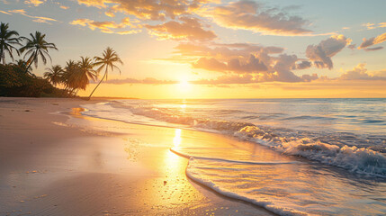 Tropical sunset with ocean waves and palm trees silhouetted against the sky