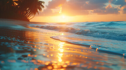 Serene sunset over a tropical beach with soft waves and golden reflections