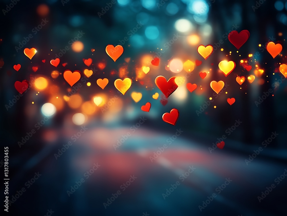 Poster floating hearts with bokeh on a blurred and dark background