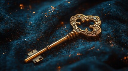 Ornate key on dark, sparkling fabric.