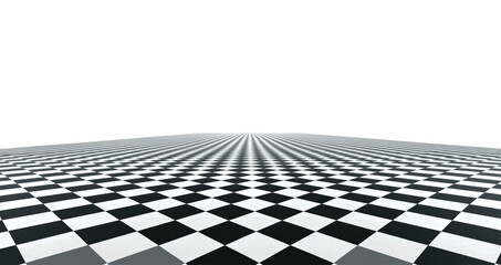 Naklejka premium Infinite Perspective Black and White Checkered Floor Pattern with Geometric Optical Illusion Effect Isolated on Transparent and White Background