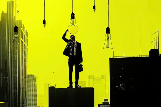 Curiosity and creativity drive entrepreneurship, inspiring fresh ideas. With motivation to succeed and solve problems, a savvy businessman enters a light bulb, inventing bright, innovative concepts