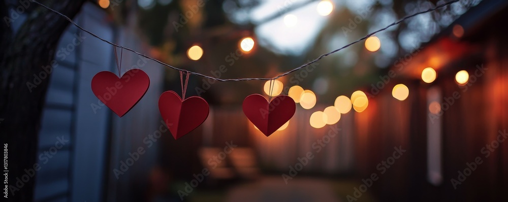 Aufkleber red paper hearts hanging on string with blurred lights in the background during evening hours