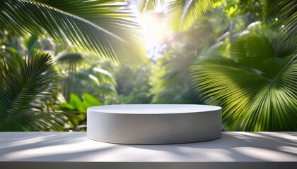 Obraz premium Minimalist concrete product display in a lush tropical garden 