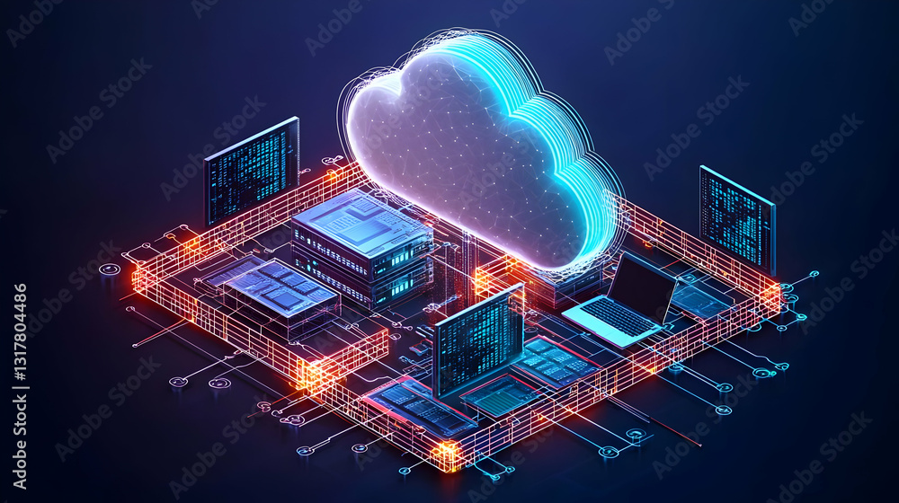 Poster 3d rendered illustration of a pixelated cloud hovering over a circuit board with glowing orange and 