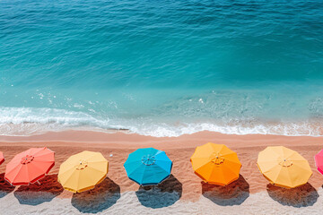Scenic Beach View with Colorful Umbrellas on Golden Sand