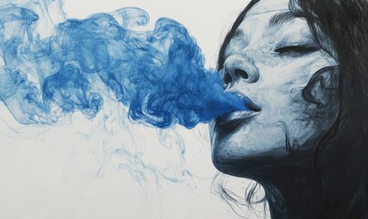 Fototapeta premium Woman Exhaling Blue Smoke