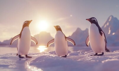 Obraz premium Group of penguins waddling on icy terrain under a brilliant Antarctic sun, dramatic glaciers in the background, lively wildlife scene,