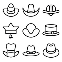 Vector illustration of various hat styles. A collection of simple, black outline illustrations of different hat styles, including fedoras, caps, bucket hats, and newsboy caps.
