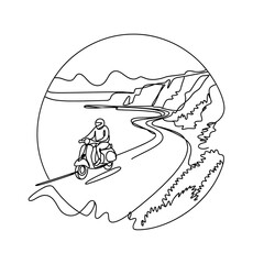 Line Art of Solo Scooter Ride Through the Mountains