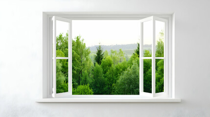 Open White Window Frame Showcasing Bright Green Trees and Lush Landscape with Fresh Air in a Serene Nature View