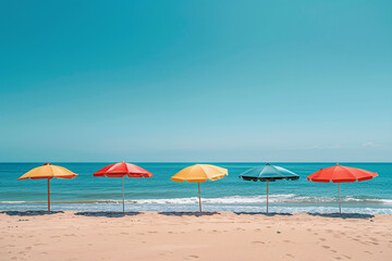 Beautiful Beach with Vibrant Umbrellas and Clear Blue Sky