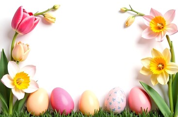 Festive paper frame flowers composirion with pastel eggs on minimal white backround, place for text. spring, womens day, Easter concept