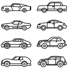 
Collection of Outline Car Designs. Simple, black and white line art illustrations of various car models.
