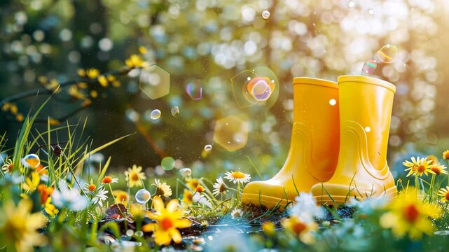 A spring background with yellow rubber boots in a garden filled with blooming flowers, Ai Generated