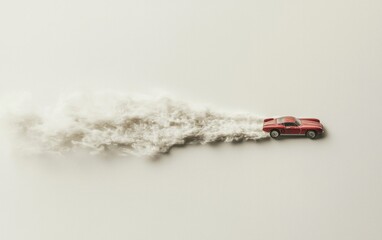 Red Toy Car Speeding Across Beige Surface Leaving Dust Trail