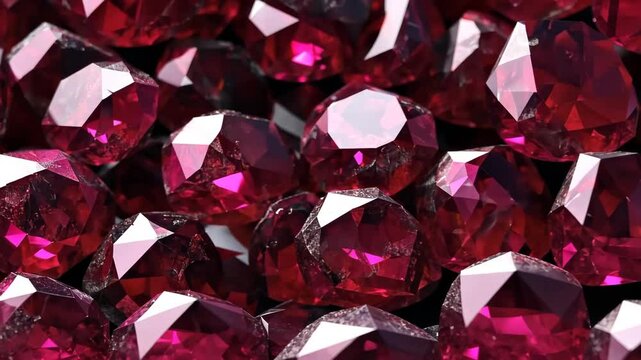 Multiple sparkling red garnet gemstones with faceted cuts, creating a dazzling and luxurious appearance mineral pattern texture beauty. Filled stone background for advertising. Macro lens.