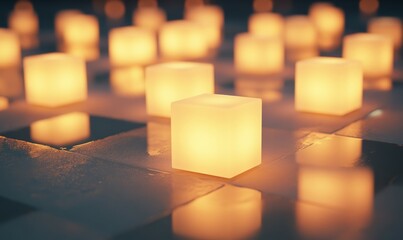 Softly pulsating glowing squares scattered across the floor with a gentle ambient glow amidst an abstract environment