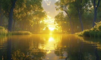 Fototapeta premium Calm lake surrounded by dense forest, golden sunset reflecting on the water's surface creating a peaceful natural retrea
