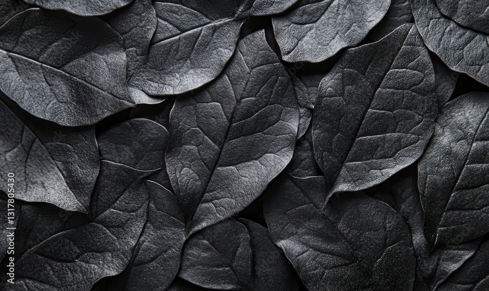 Poster abstract close-up of black textured leaves illuminated by subtle light creating a sleek and modern n