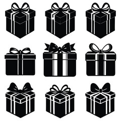 
Collection of Black and White Gift Boxes with Ribbons. Elegant Gift Box Silhouette Icons Set.
