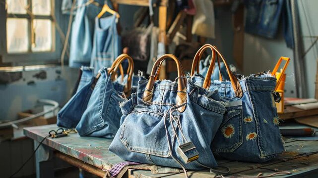 Handbags crafted from repurposed old jeans on a dressmaker's table, Ai Generated