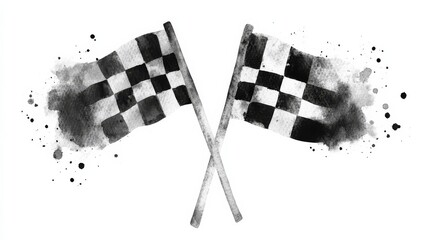 The coquette illustration of two crossed checkered flags in a sketch style on a white background with space for text.